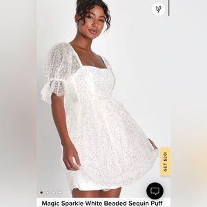 Lulus Magic Sparkle White Beaded Sequin Puff Sleeve Mini Dress